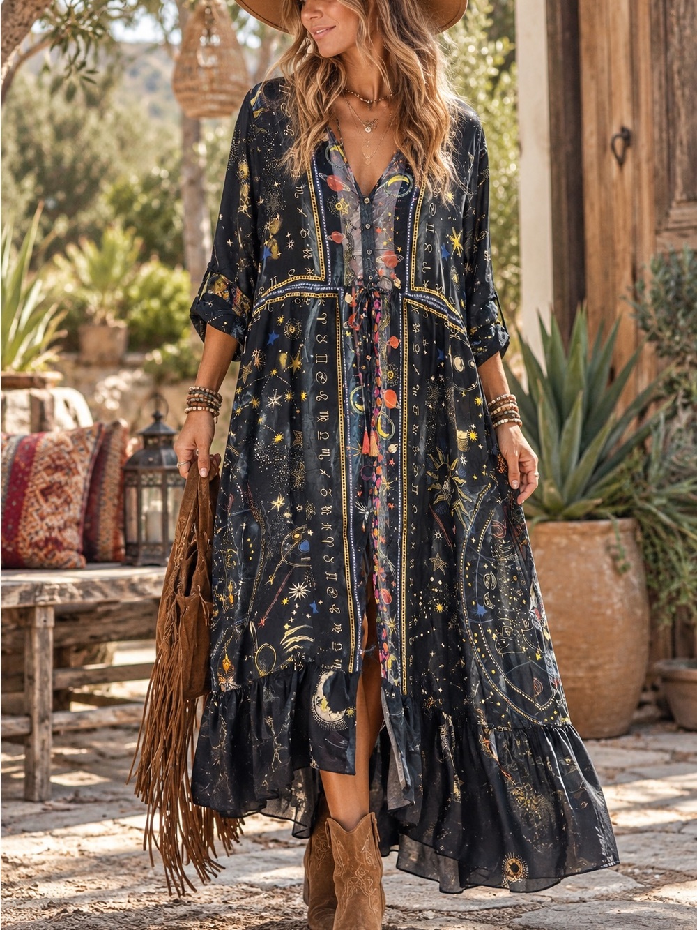 Boho Starry Night Maxi Dress - Black